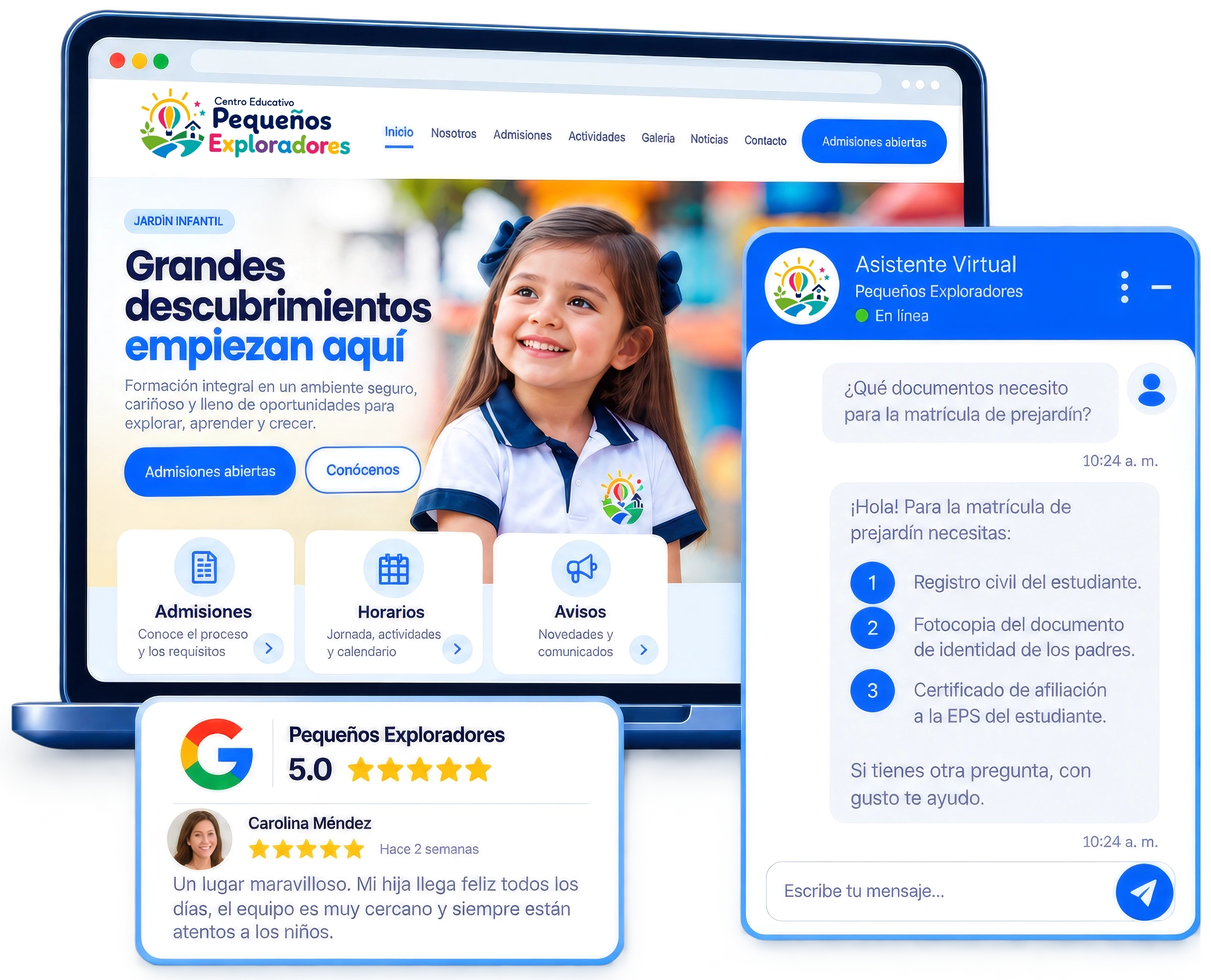 A preschool website with the AI assistant answering a parent and a 5-star Google review